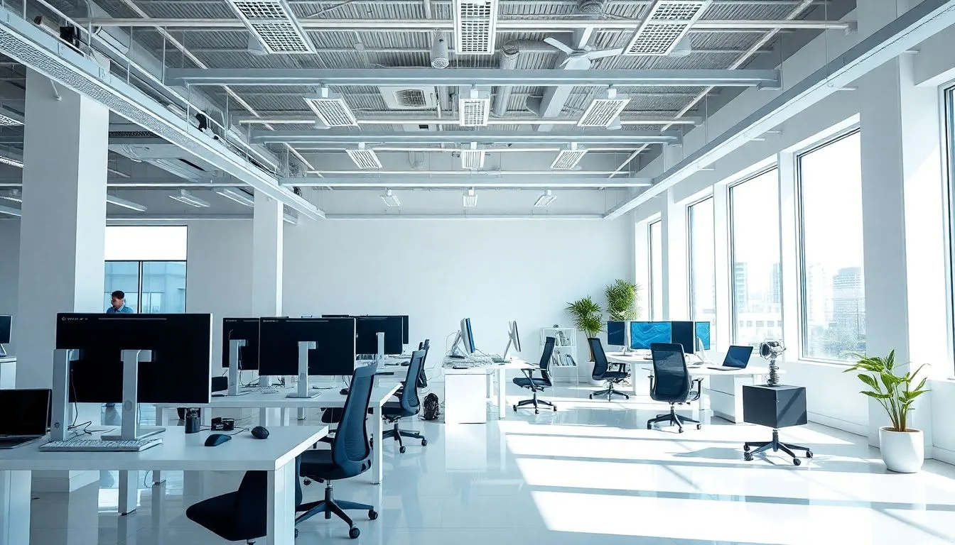 Imagem de um escritório moderno com computadores